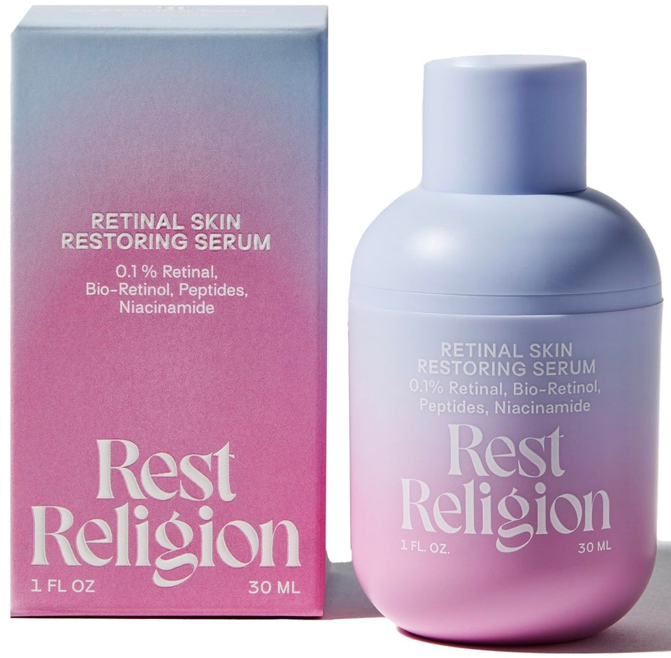 Rest Religion front packaging showing serum bottle and branding benefit clarity