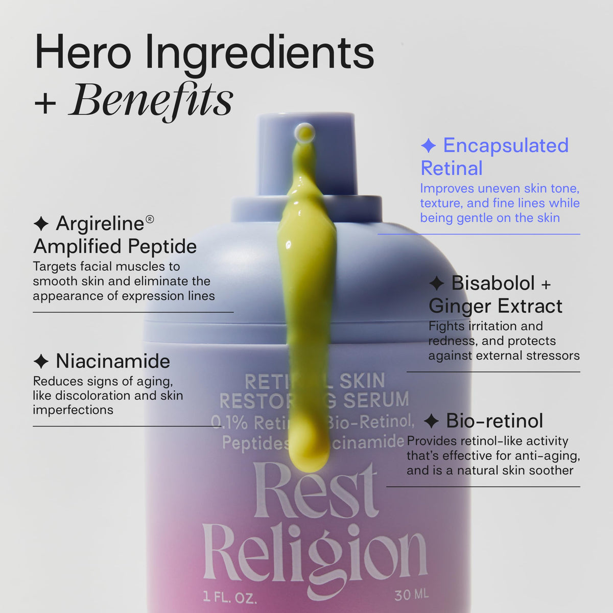 Rest Religion dispensing pump with serum drop illustrating controlled dosage benefit