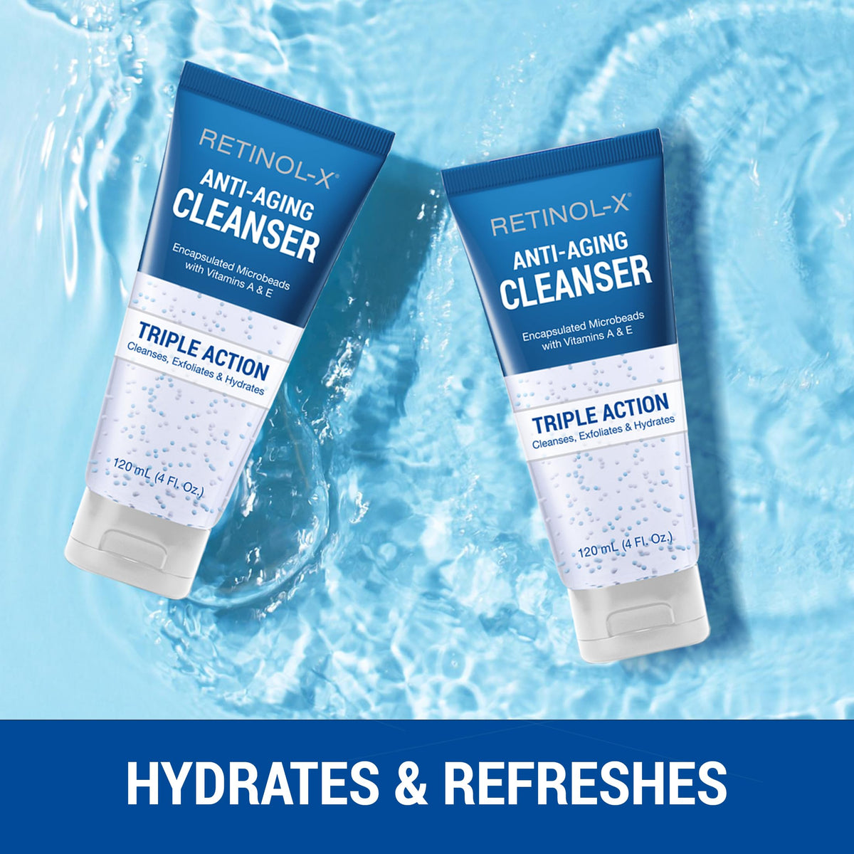 RETINOL-X cleanser in hand during application demonstrating easy rinse benefit