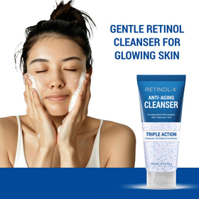RETINOL-X foam and rinse on skin showing gentle cleansing benefit