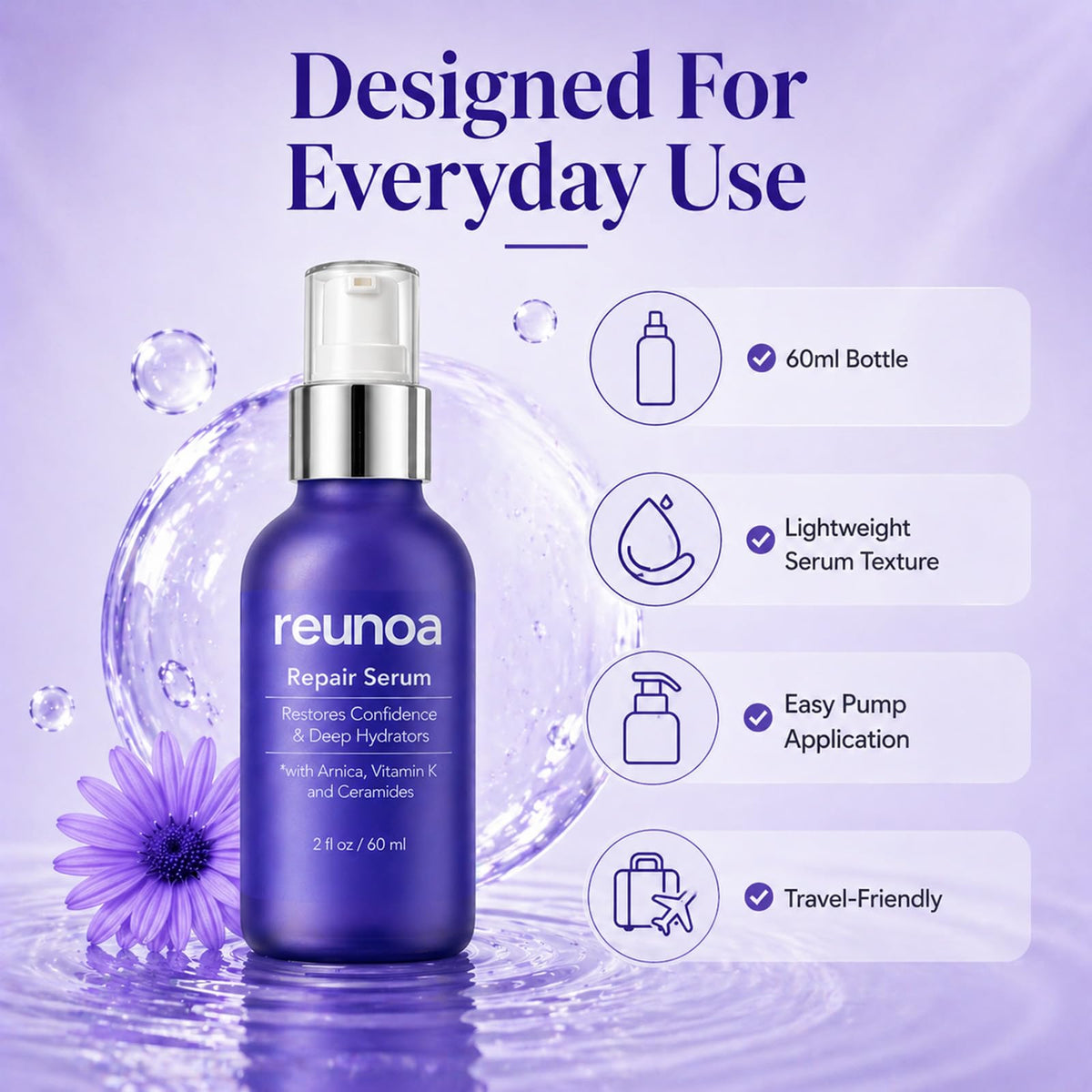 Reunoa bottle on bathroom shelf suggesting daily routine compatibility and neat storage
