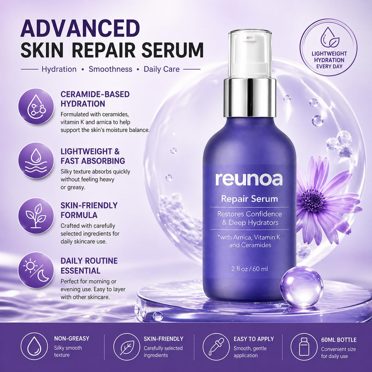 Reunoa arnica ingredient closeup illustrating natural extract support for skin appearance