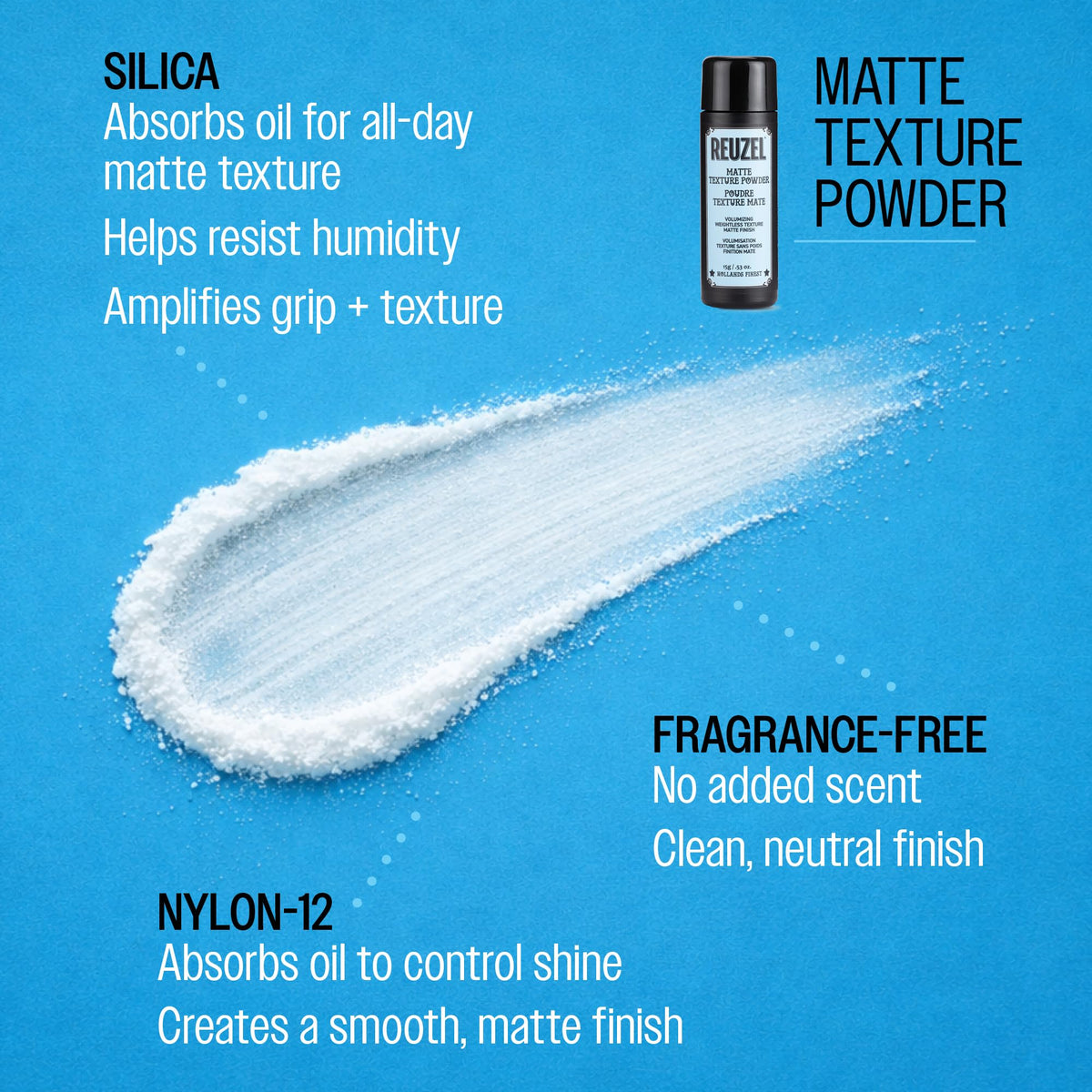 REUZEL applying powder at roots from fingertips for quick volumizing benefit
