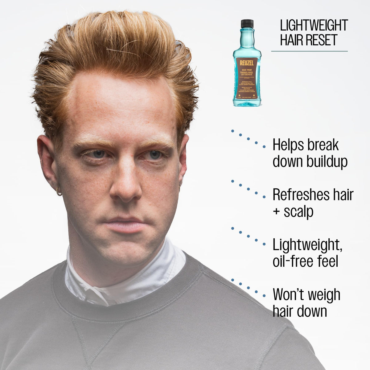 REUZEL applying tonic to dry hair during styling for quick refresh benefit