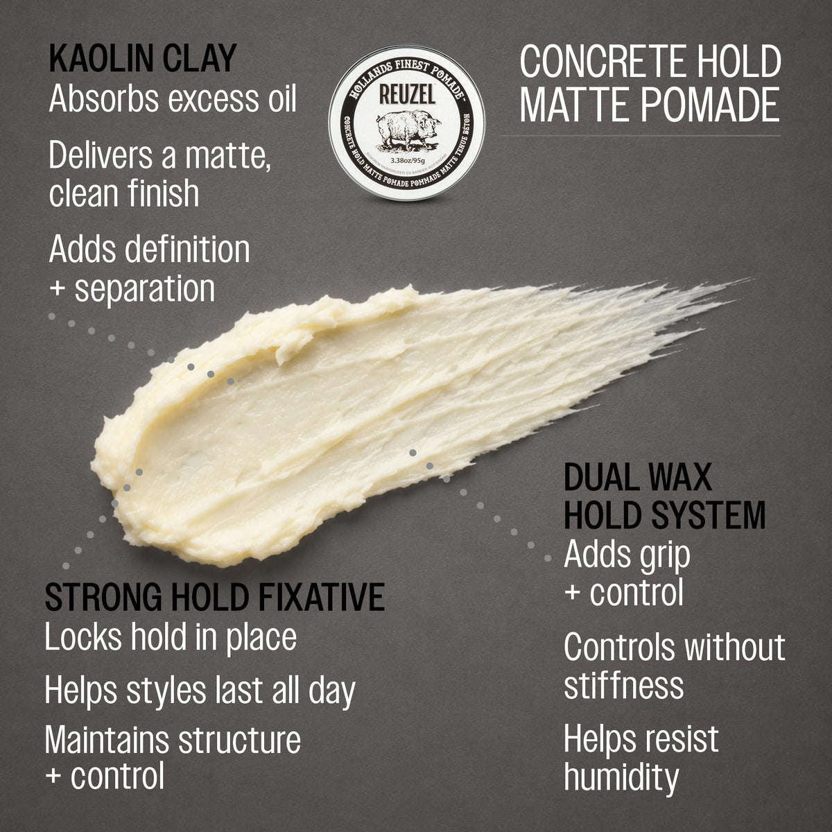 REUZEL pomade on hand demonstrating smooth application and control