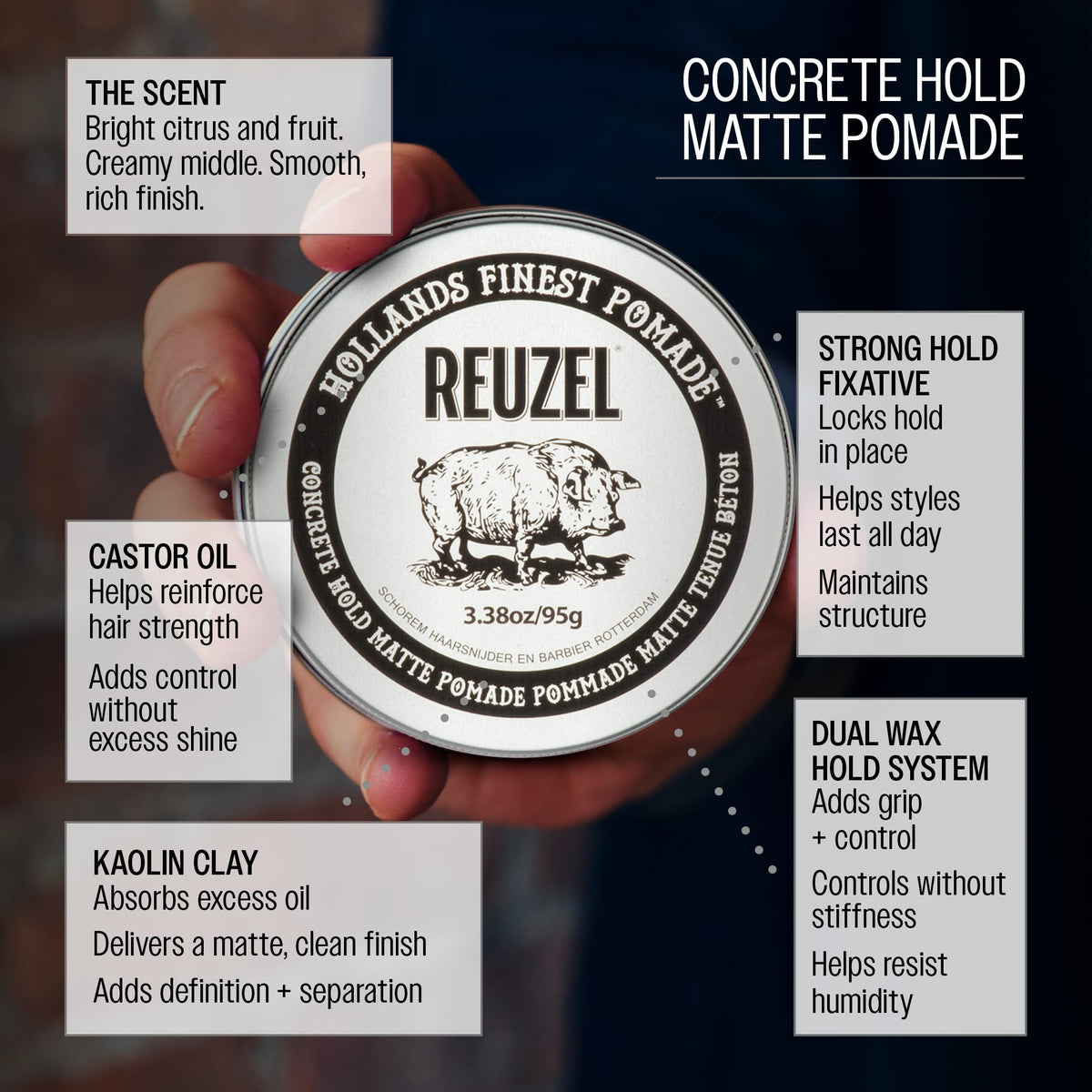 REUZEL close-up label highlighting ingredients and easy-to-wash claim
