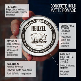 REUZEL close-up label highlighting ingredients and easy-to-wash claim