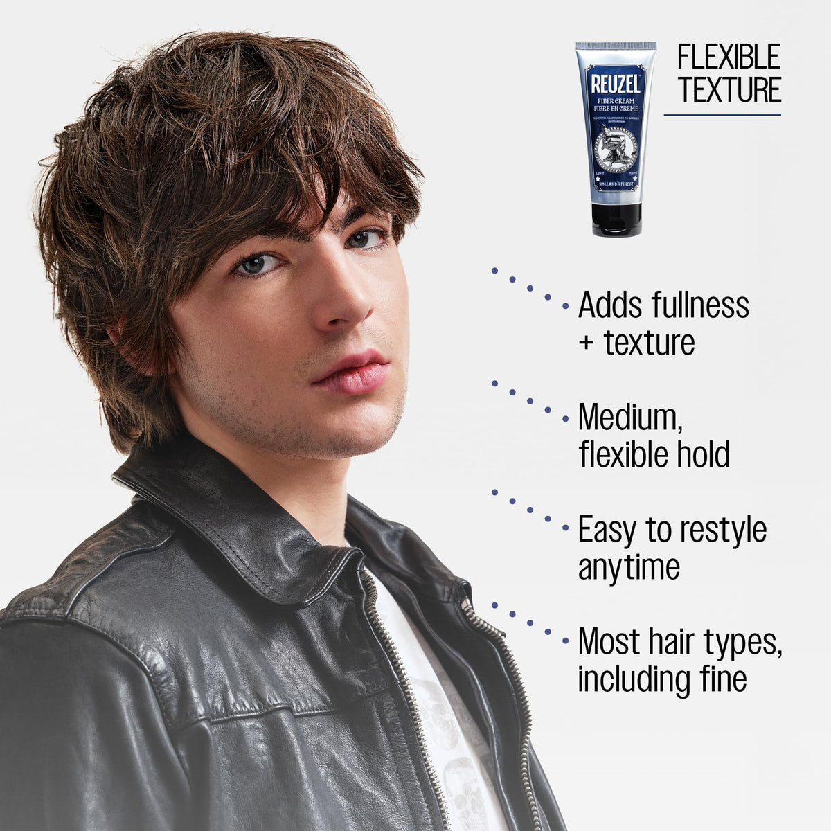 REUZEL fiber cream used on dry hair to show matte texture and natural volume