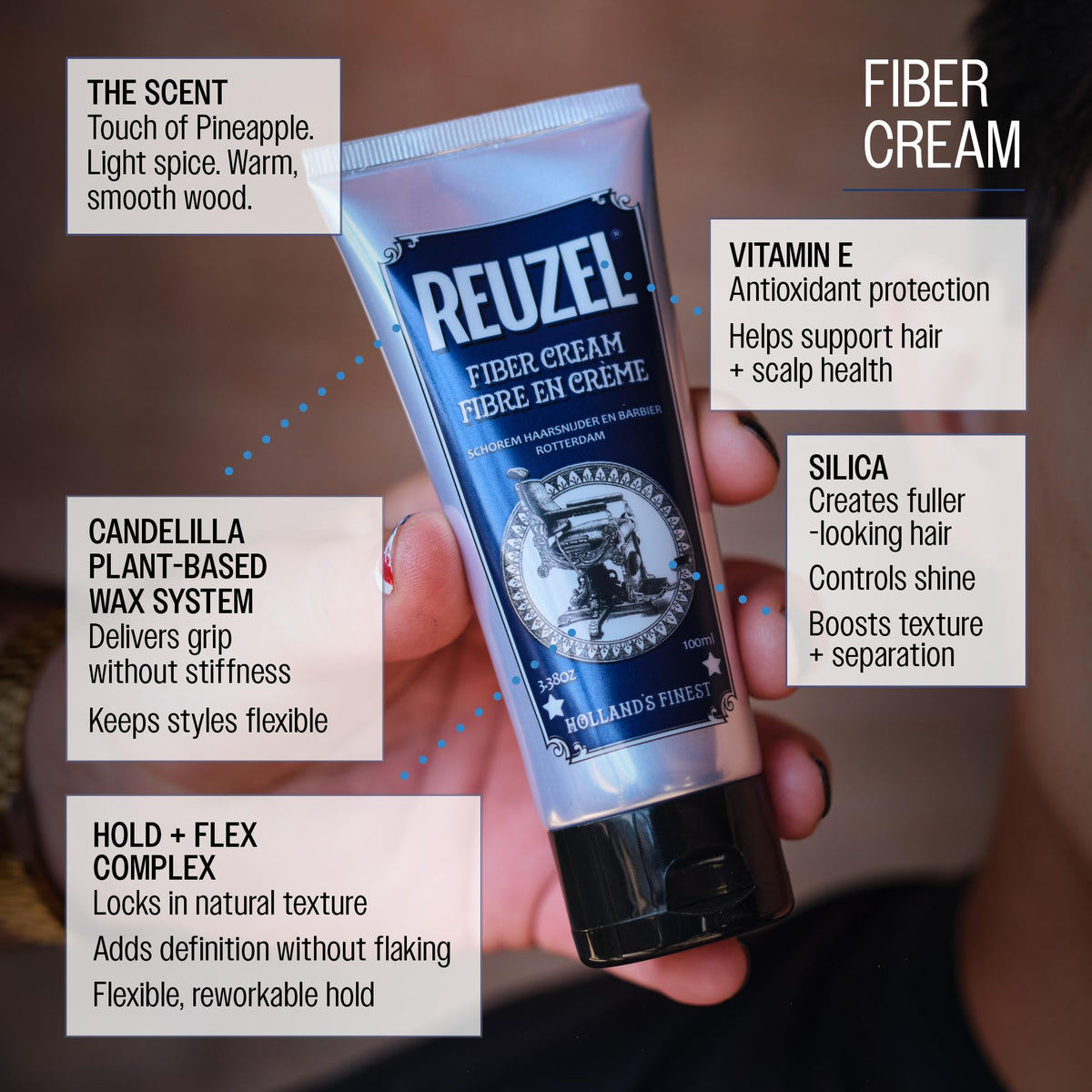 REUZEL fiber cream beside ruler to show 3.38 oz scale and travel-friendly benefit