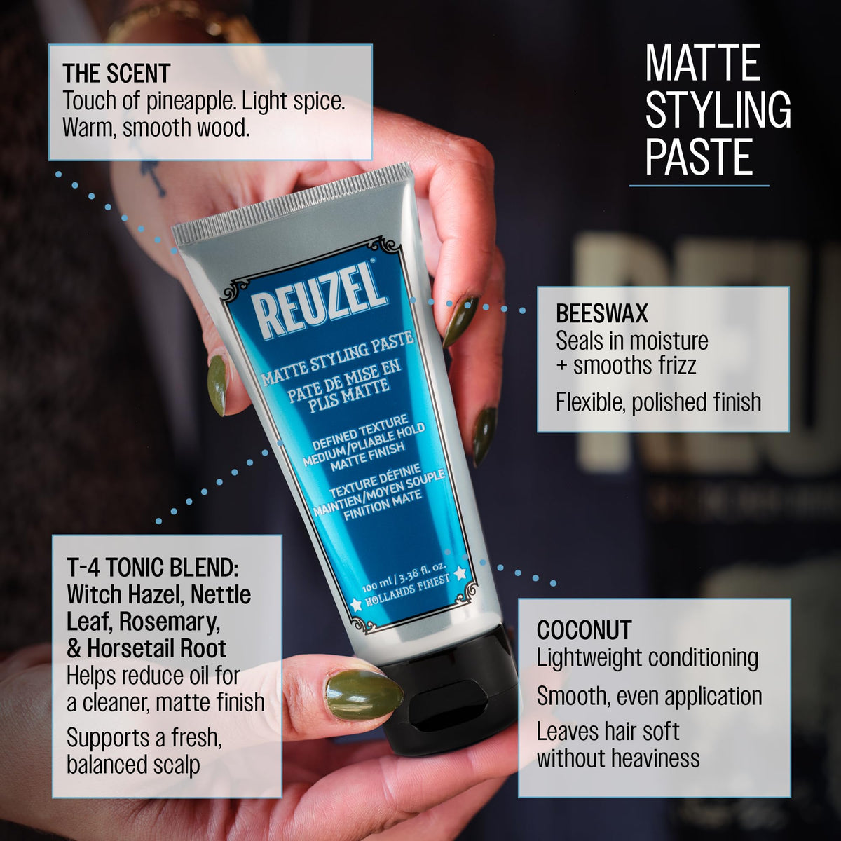 REUZEL label close-up detailing size and scent for informed purchase