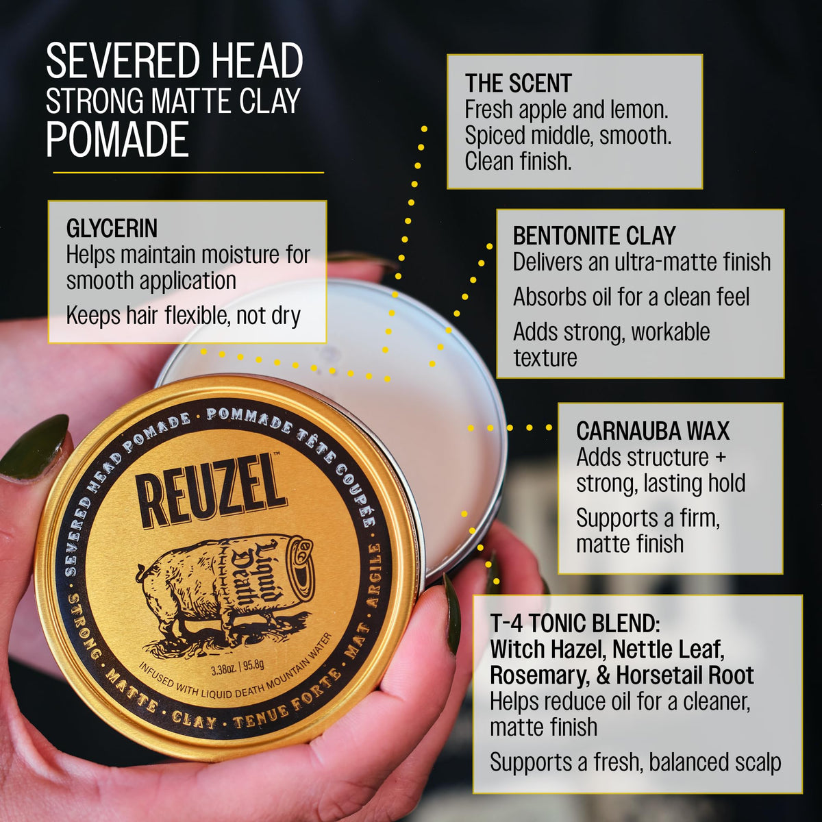 REUZEL Severed Head ingredient label close-up highlighting argan oil and aloe