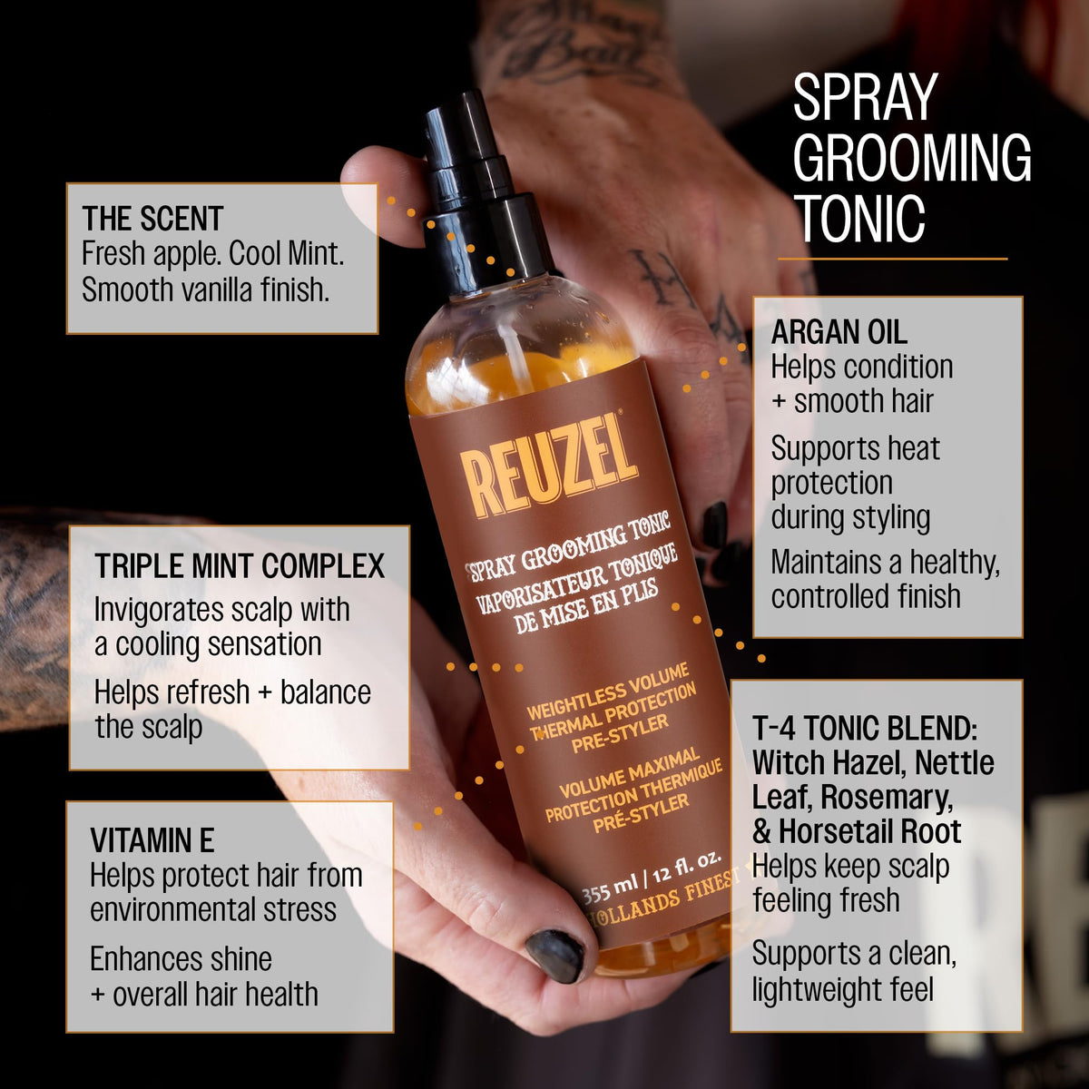REUZEL 12 oz bottle next to a hand for size comparison and travel readiness