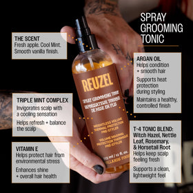 REUZEL 12 oz bottle next to a hand for size comparison and travel readiness