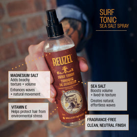 REUZEL Surf Tonic applied to damp hair delivering lift and pre-styling support