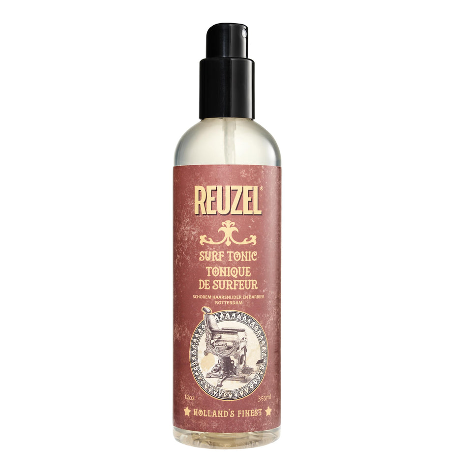 REUZEL Surf Tonic front bottle shot showing matte packaging and 12oz size benefit
