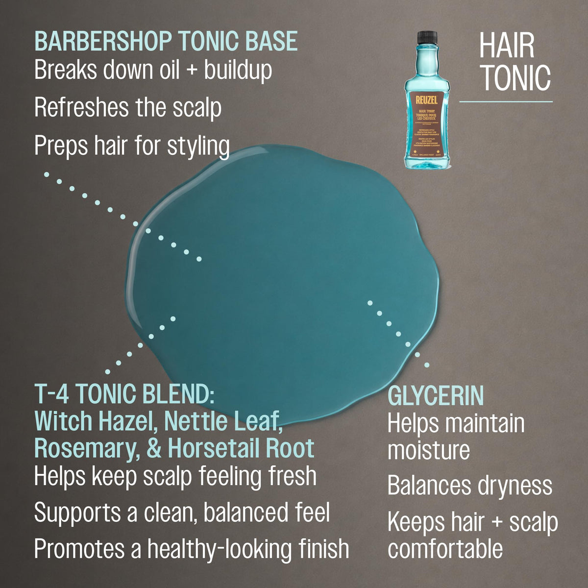 REUZEL texture close-up on tonic fluid showing lightweight, non-greasy feel benefit