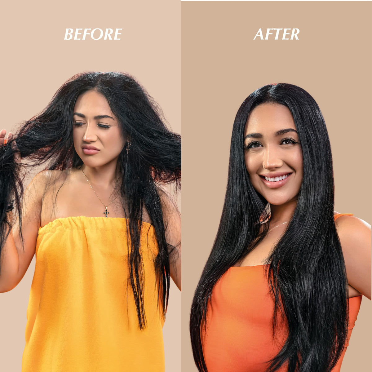Rev320 being applied to wet hair showing smoothing and detangling benefit