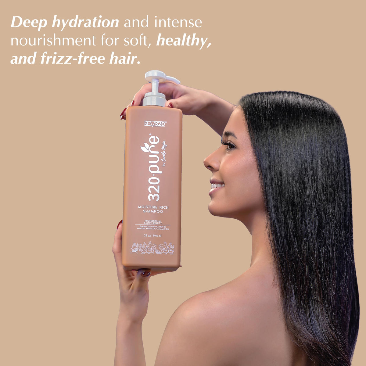 Rev320 label close-up emphasizing keratin-omega blend for strength