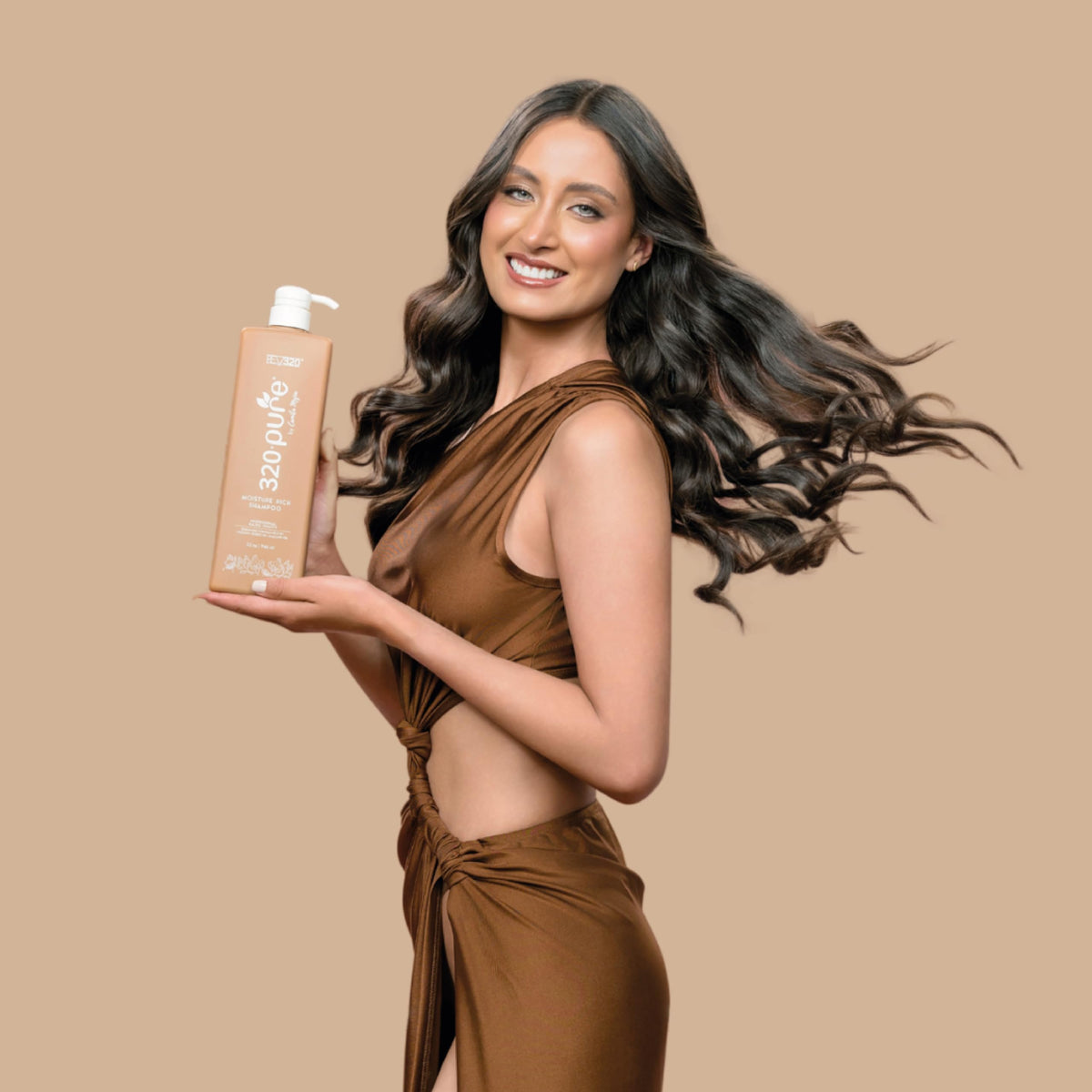Rev320 bottle on bathroom shelf in lifestyle scene suggesting salon results