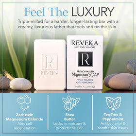 Reveka bar on draining soap dish demonstrating longer bar life and dryness