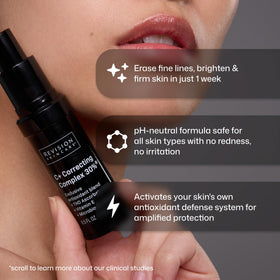 Revision Skincare one fluid ounce bottle shown next to a coin for size reference