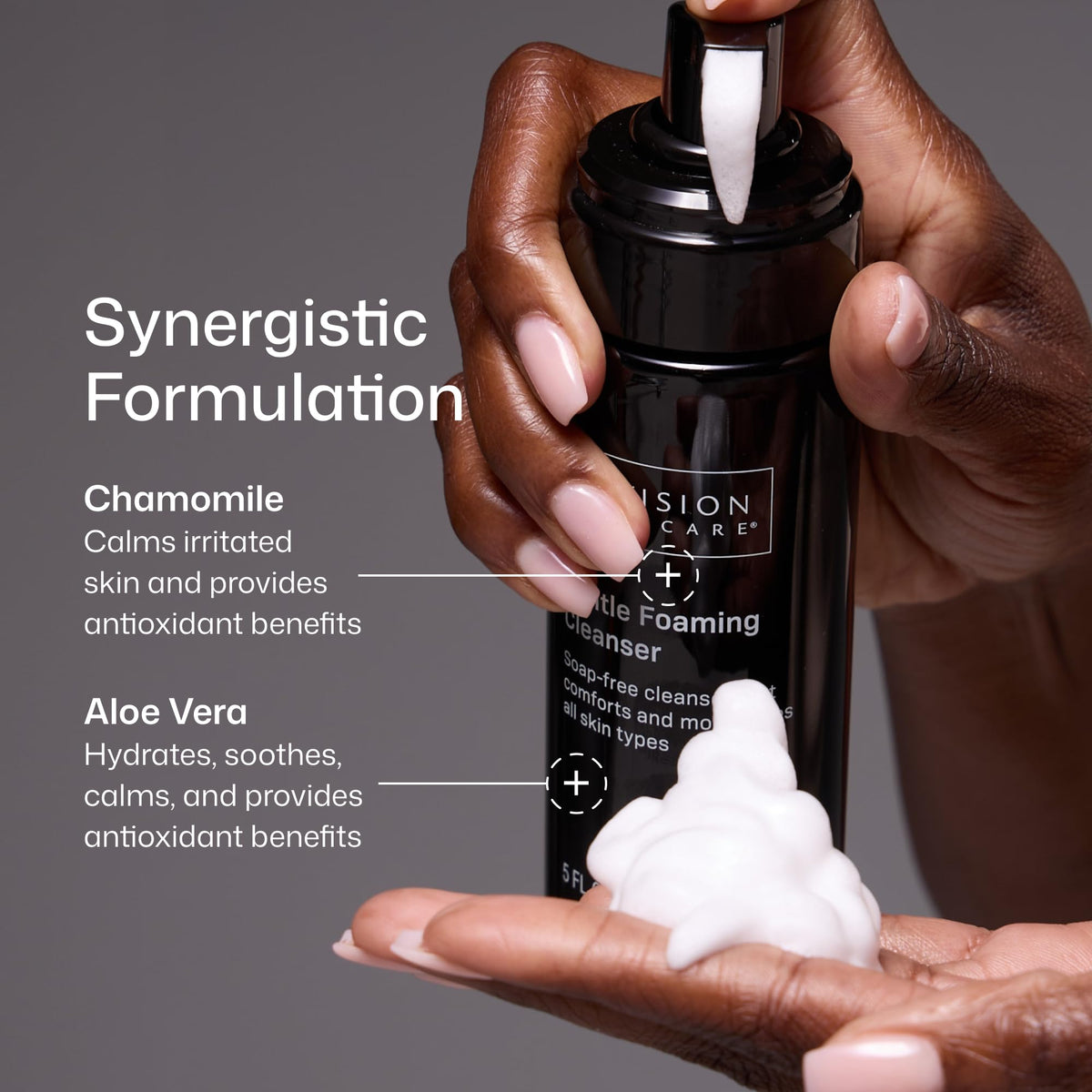Revision Skincare foam pouring at sink showing quick lather and rinseability