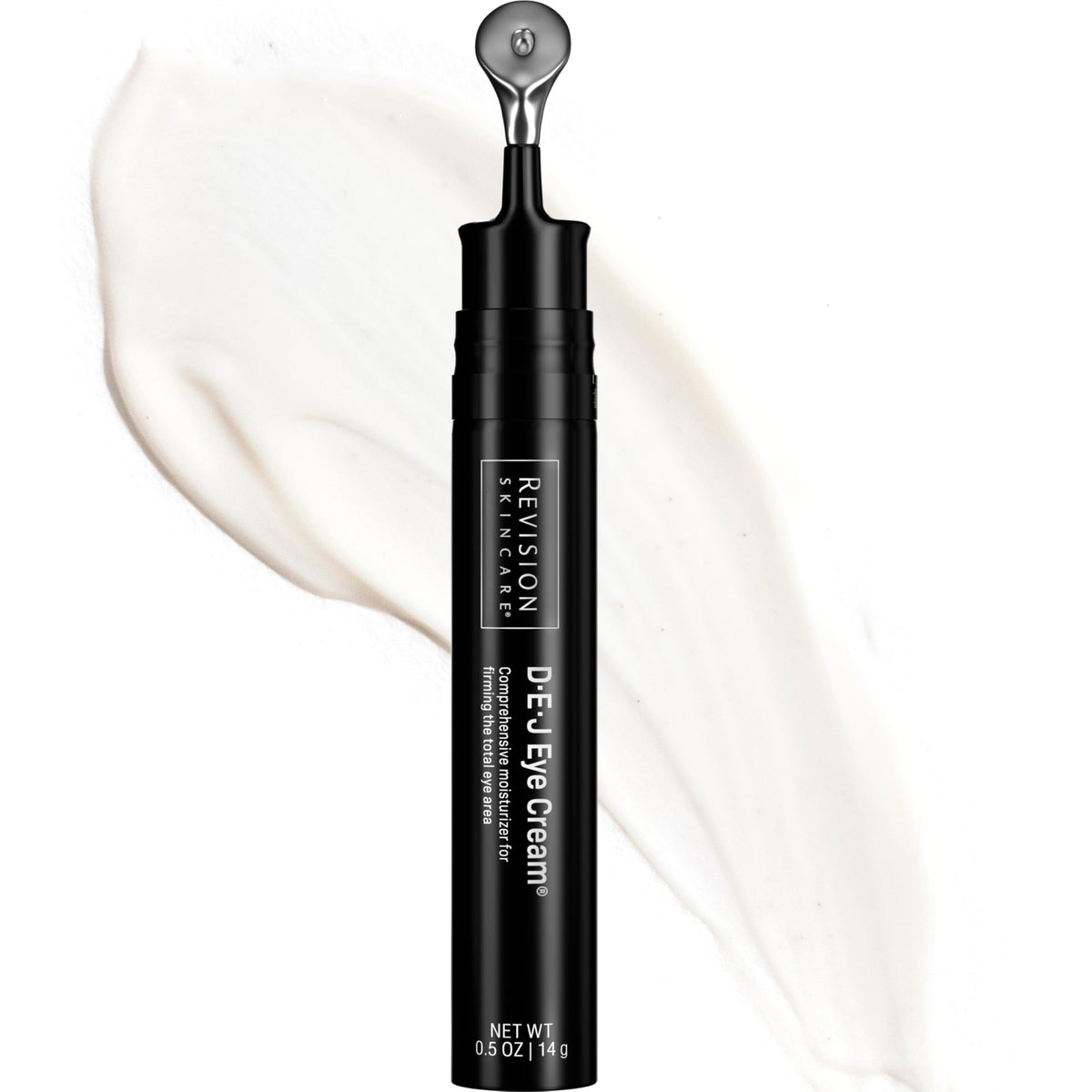 Revision Skincare D·E·J Eye Cream front applicator showing compact tube and precise dosing benefit