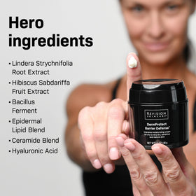 Revision Skincare cream on hand illustrating quick absorption and immediate soothing benefit