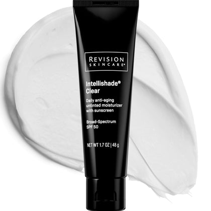 Revision Skincare front tube of Intellishade Clear SPF 50 showing packaging and size benefit