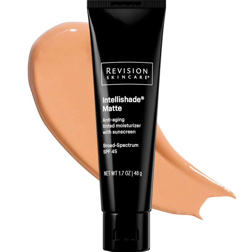 Revision Skincare front tube showing Intellishade Matte SPF 45 protecting skin