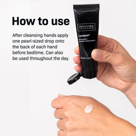 Revision Skincare Lumiquin being applied to hands demonstrating moisturizing action and improved texture
