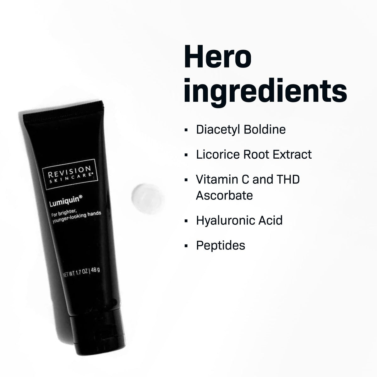 Revision Skincare Lumiquin next to common items to show 1.7 oz scale for easy size comparison