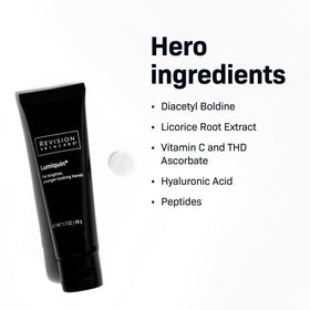 Revision Skincare Lumiquin next to common items to show 1.7 oz scale for easy size comparison