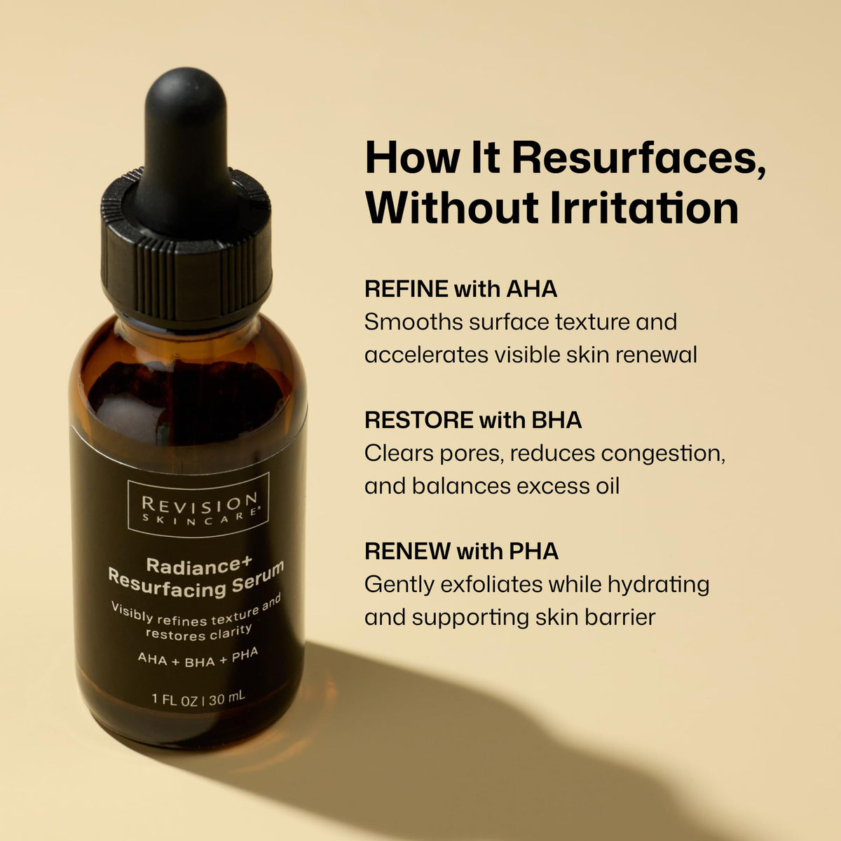 Revision Skincare bottle held in hand showing 1oz scale for product sizing