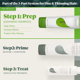 REVIV3 PROCARE bottle in hand applying shampoo to hair demonstrating easy daily use