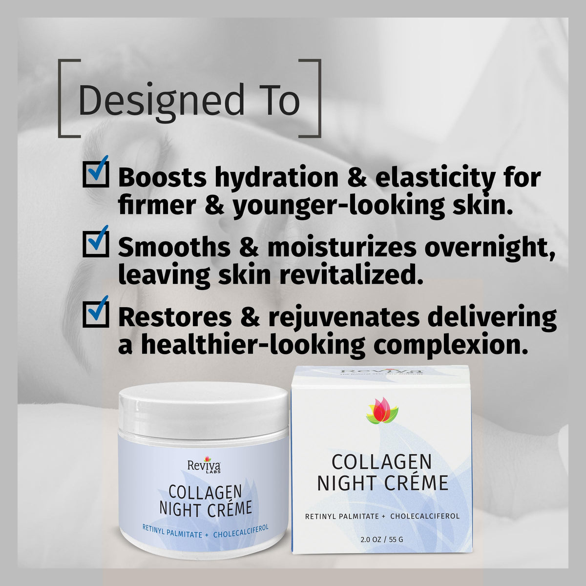 Reviva Labs botanical oils and collagen ingredients promoting soft skin