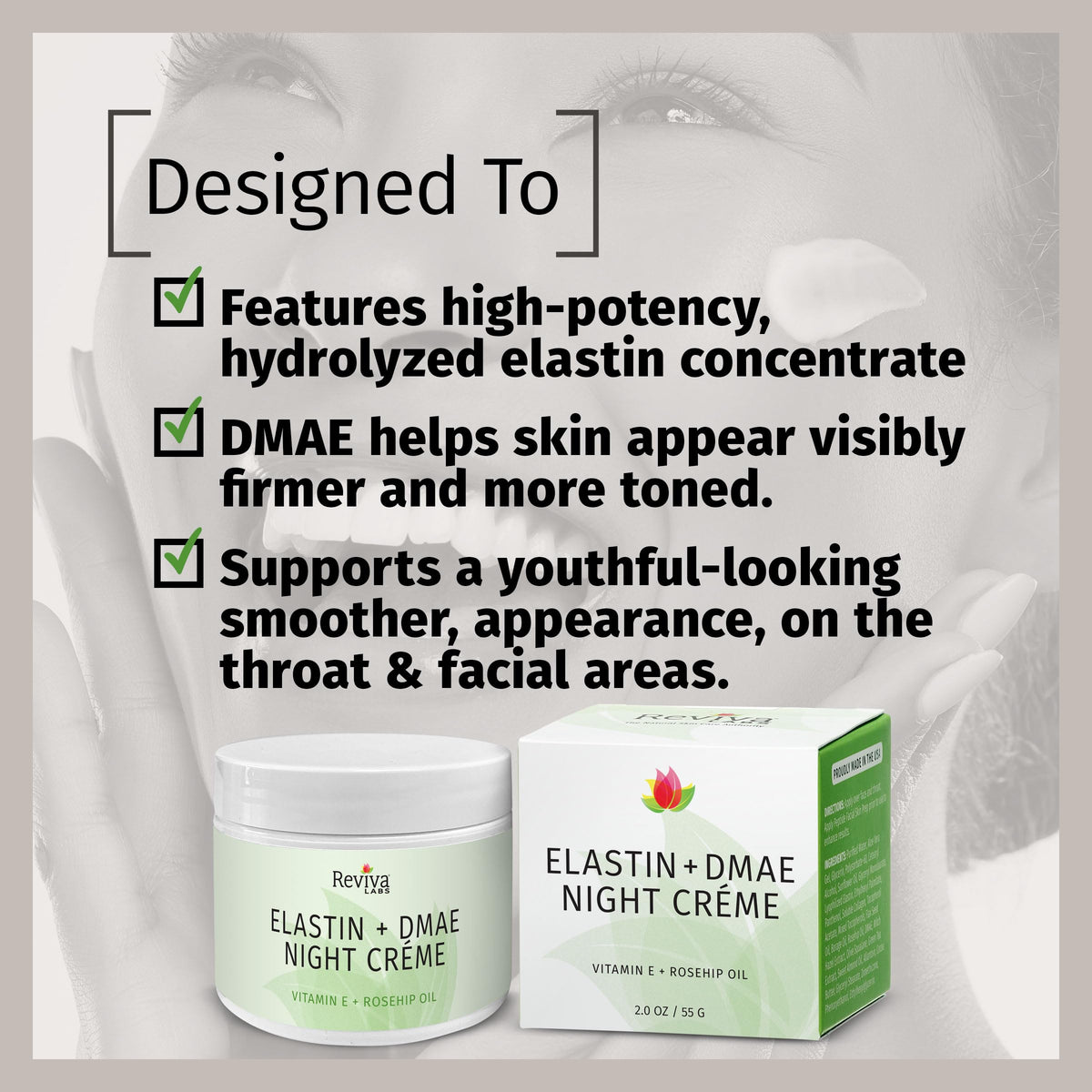 Reviva Labs being applied to neck to show lifting and hydrating benefit