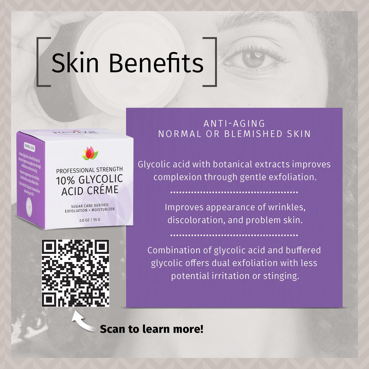 Reviva Labs label close-up featuring ingredients list and natural AHA source
