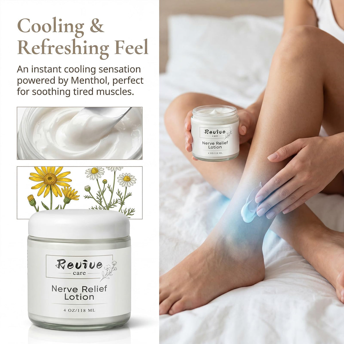 REVIVE CARE applied to foot highlighting soothing comfort and moisturized skin
