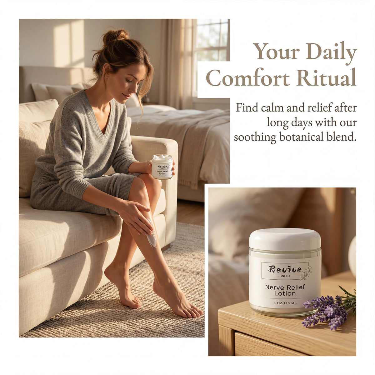REVIVE CARE pumped lotion on hand demonstrating easy application and quick relief