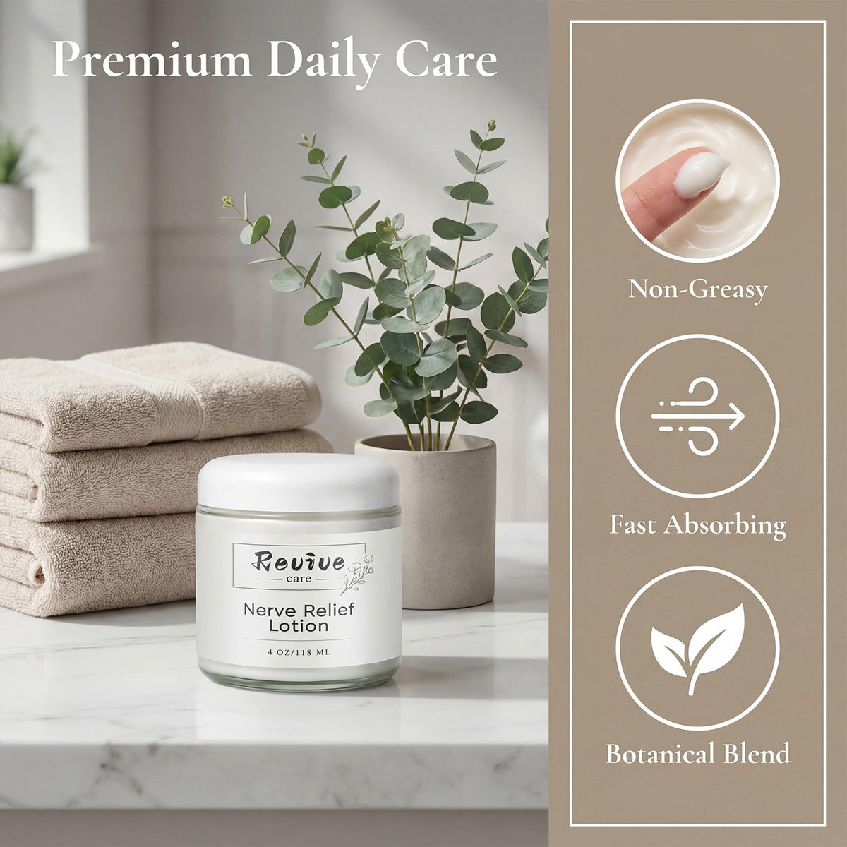 REVIVE CARE lotion texture close-up illustrating fast-absorbing, non-greasy finish