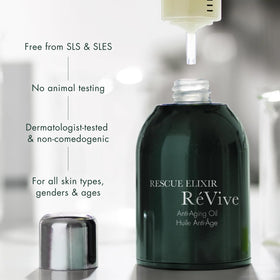 RéVive Rescue Elixir next to a 30 ml scale showing product size and value benefit