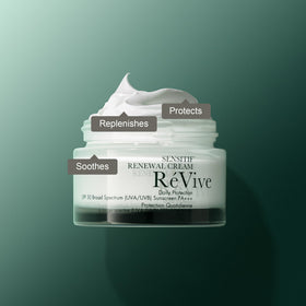 RéVive 50g jar beside coin for scale demonstrating compact travel size