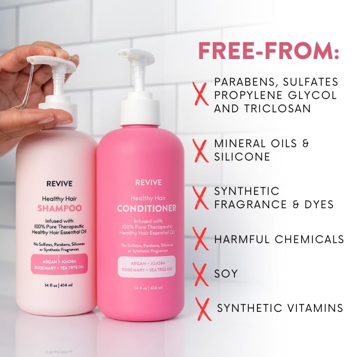REVIVEEO bottles staged in bathroom illustrating daily hair care routine