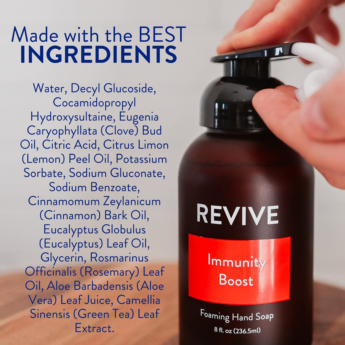 REVIVEEO bottles beside everyday items to show scale and quantity