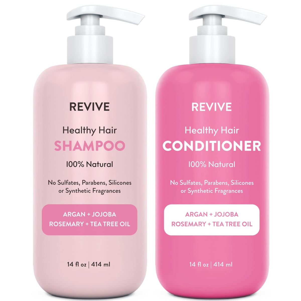 REVIVEEO front view of shampoo and conditioner promoting strength