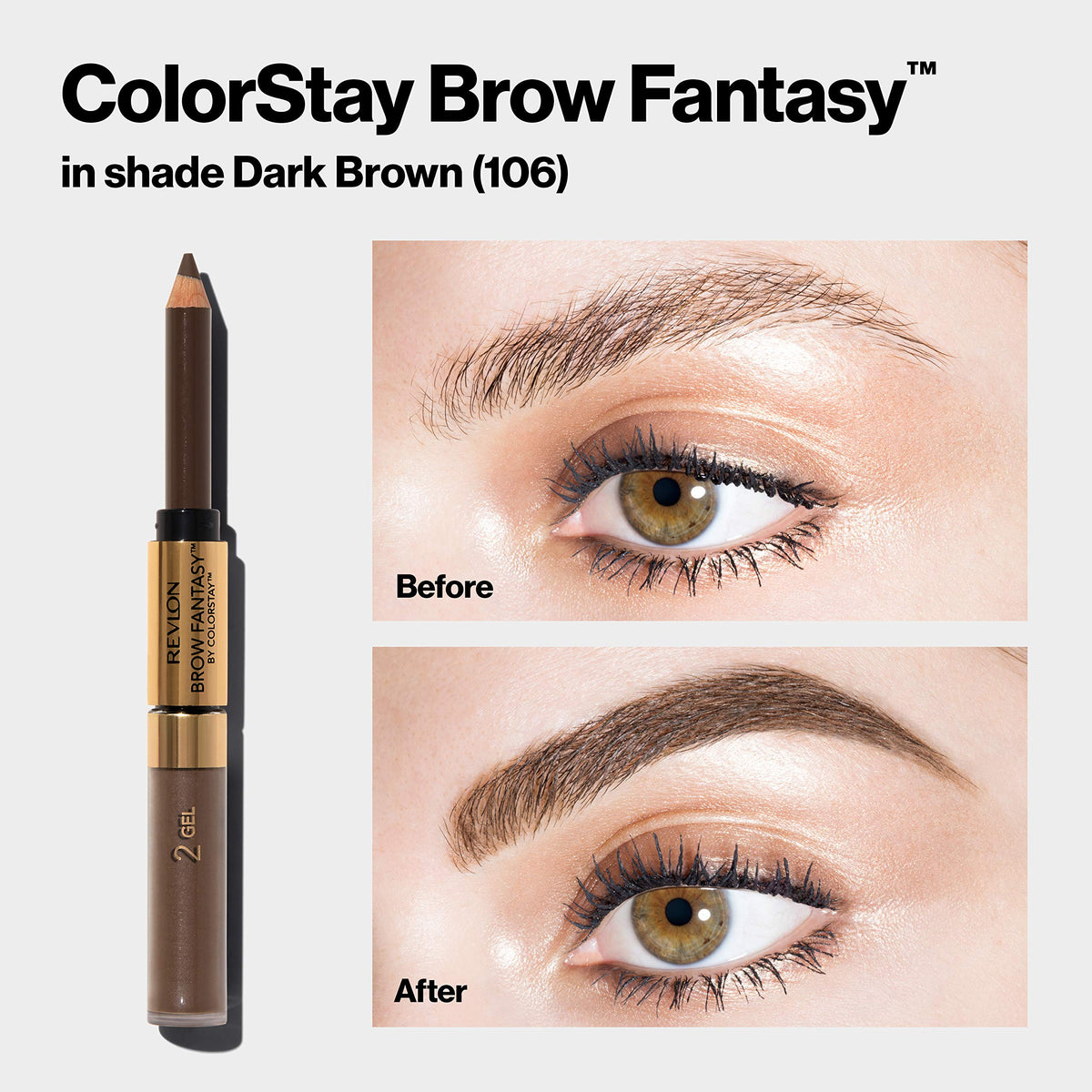 Revlon Brow Fantasy dual-ended product held in hand for travel-ready convenience and quick touch-ups