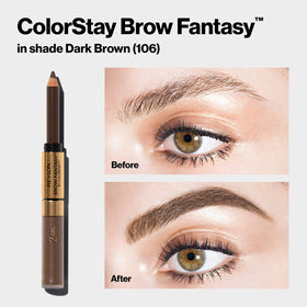 Revlon Brow Fantasy dual-ended product held in hand for travel-ready convenience and quick touch-ups