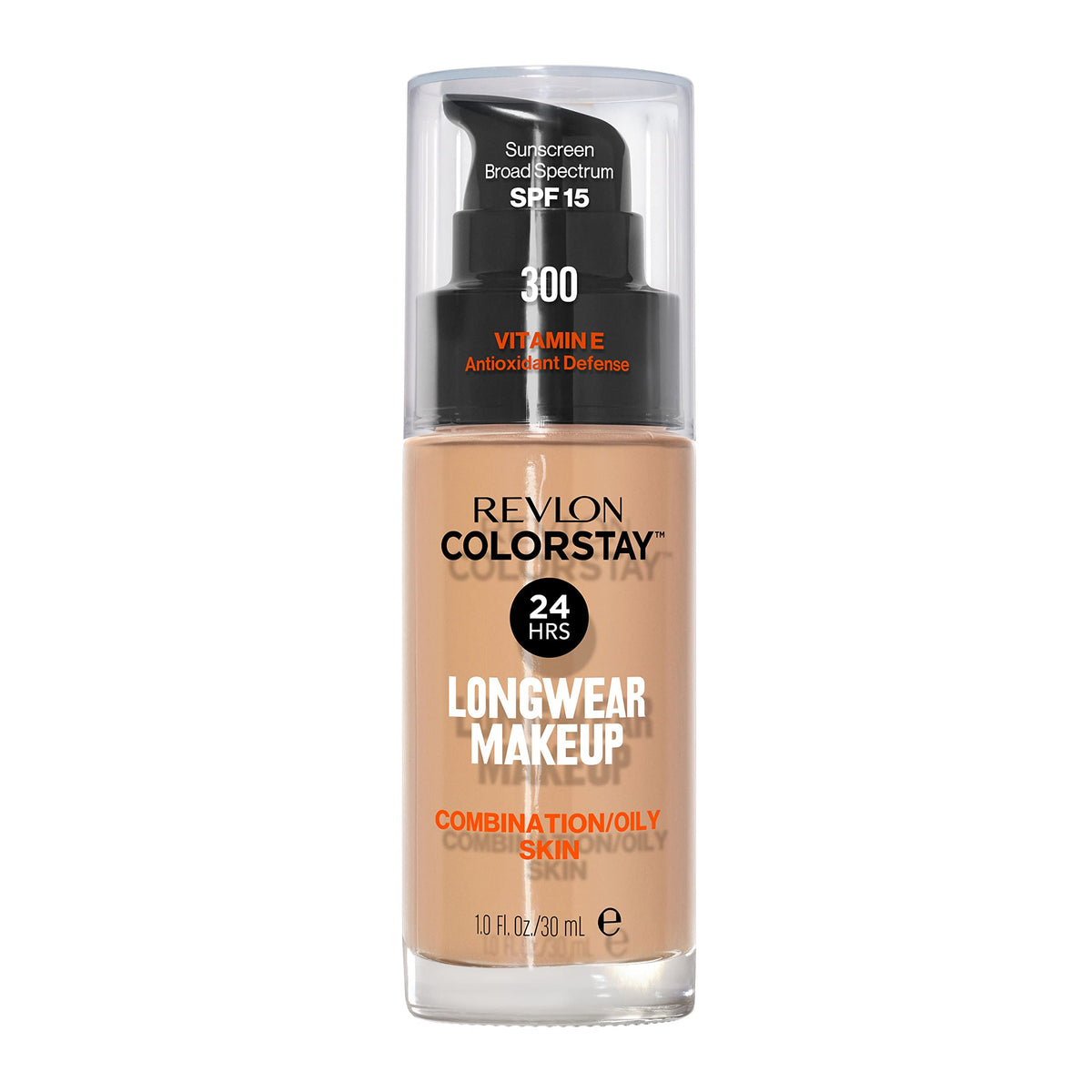 Revlon front packaging showing product and shade 300 Golden Beige benefit long wear