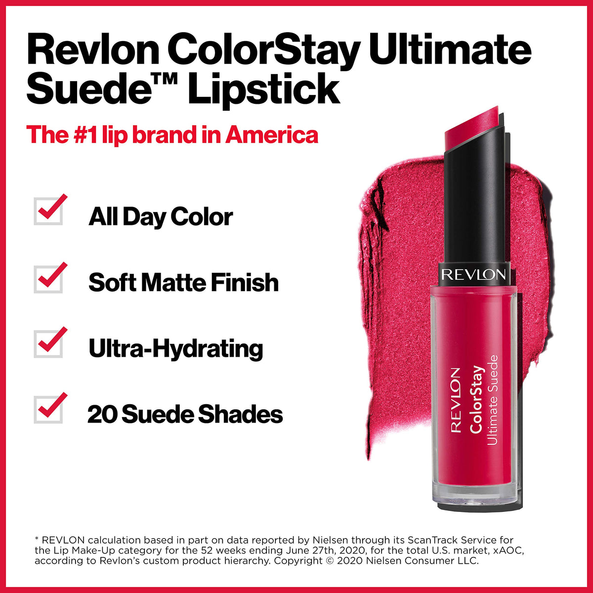REVLON texture swatch revealing velvety suede color and smooth payoff